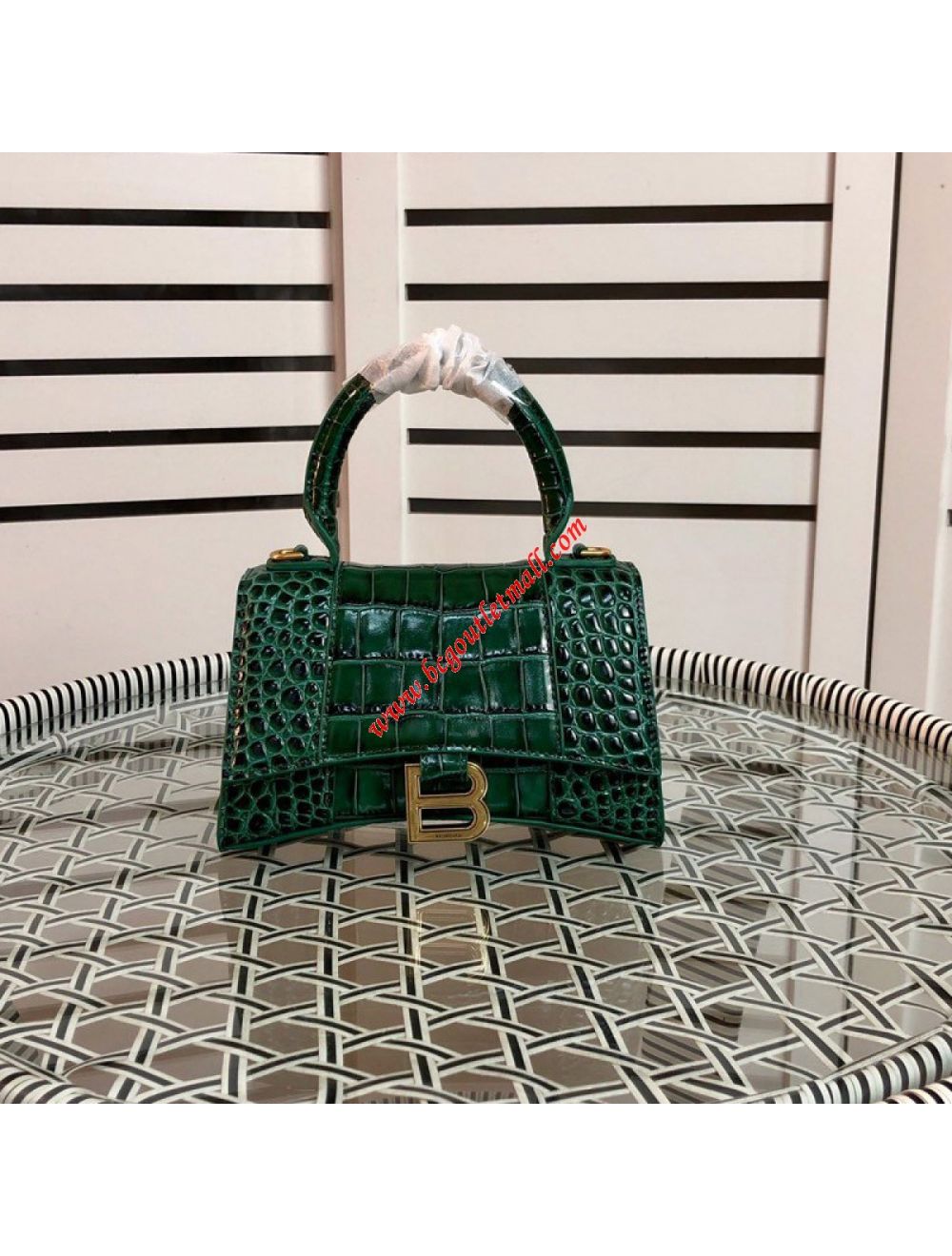 Balenciaga Hourglass XS Top Handle Bag Crocodile Embossed Calfskin In Green